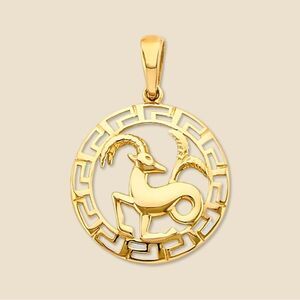 14K Solid Gold Round Capricorn Zodiac Sign Charm | Elegant Astrology Pendant |